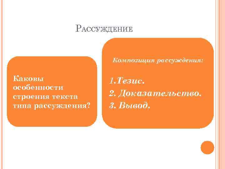 РАССУЖДЕНИЕ Композиция рассуждения: Каковы особенности строения текста типа рассуждения? 1. Тезис. 2. Доказательство. 3.
