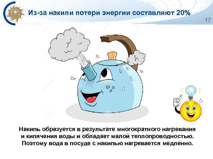 Из-за накипи потери энергии составляют 20% 17 Накипь образуется в результате многократного нагревания и