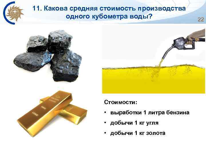 11. Какова средняя стоимость производства одного кубометра воды? Стоимости: • выработки 1 литра бензина