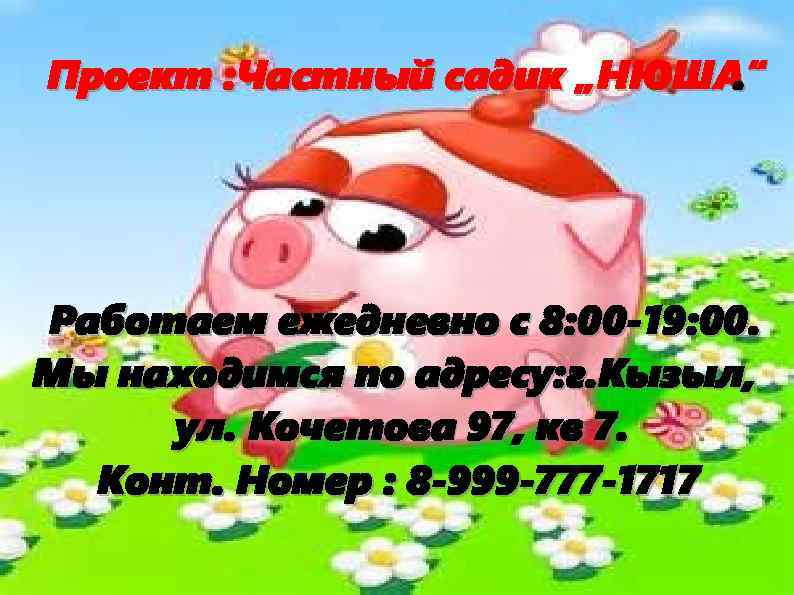 Проект : Частный садик „НЮША“. Работаем ежедневно с 8: 00 -19: 00. Мы находимся