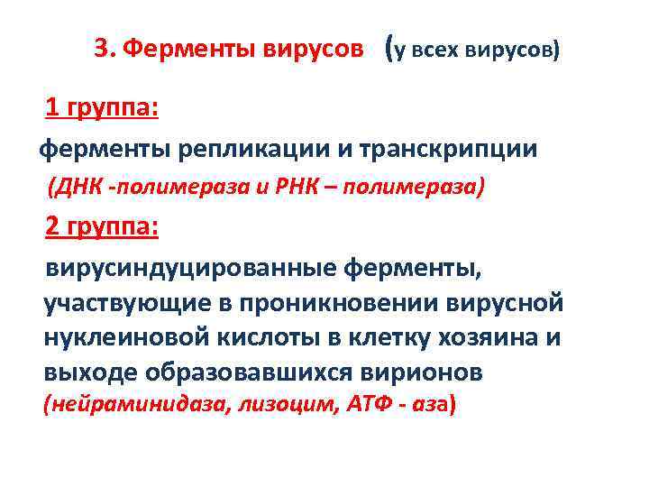 3. Ферменты вирусов (у всех вирусов) 1 группа: ферменты репликации и транскрипции (ДНК -полимераза