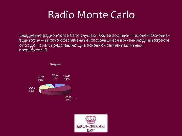 Radio Monte Carlo Ежедневно радио Monte Carlo слушают более 200 тысяч человек. Основная аудитория