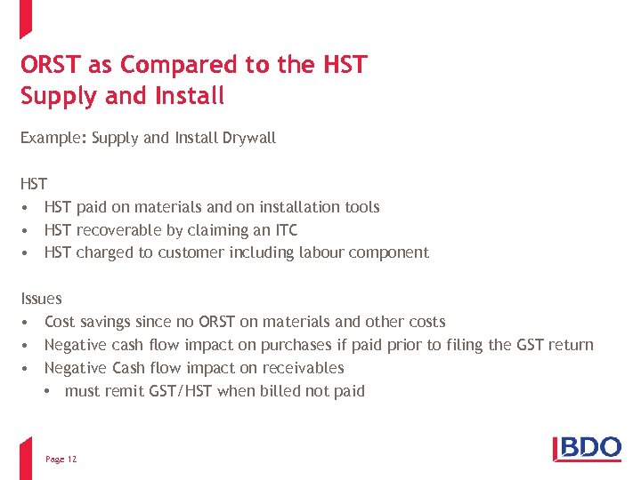 ORST as Compared to the HST Supply and Install Example: Supply and Install Drywall