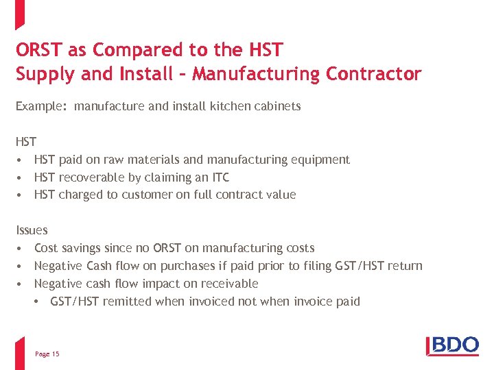 ORST as Compared to the HST Supply and Install – Manufacturing Contractor Example: manufacture