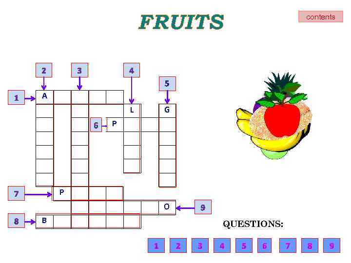 FRUITS 5 A L G P P O B QUESTIONS: contents 