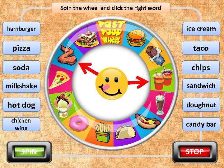 Spin the wheel and click the right word hamburger ice cream pizza taco soda