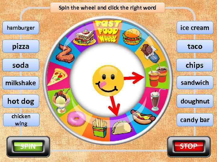 Spin the wheel and click the right word hamburger ice cream pizza taco soda