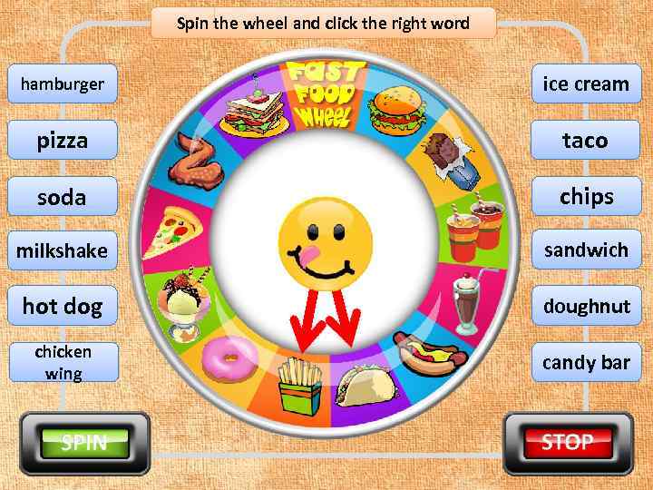 Spin the wheel and click the right word hamburger ice cream pizza taco soda