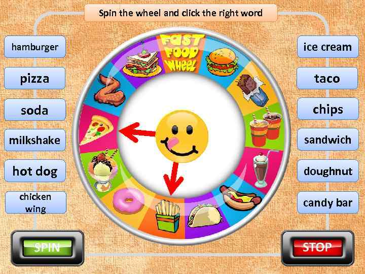 Spin the wheel and click the right word hamburger ice cream pizza taco soda