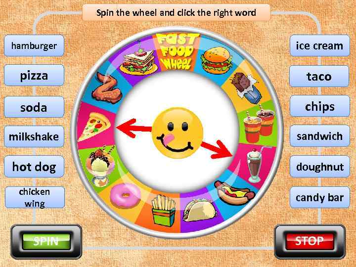 Spin the wheel and click the right word hamburger ice cream pizza taco soda