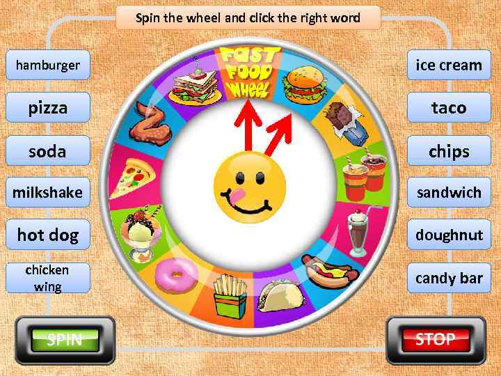 Spin the wheel and click the right word hamburger ice cream pizza taco soda