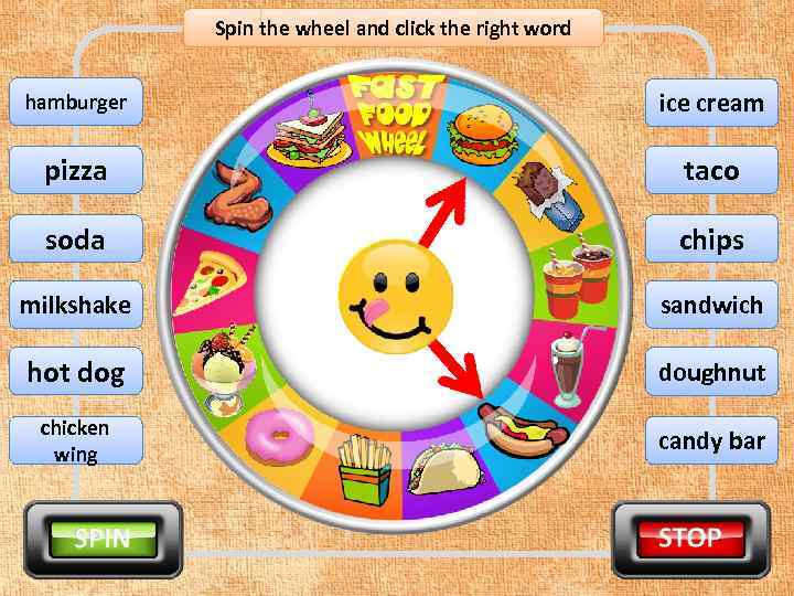 Spin the wheel and click the right word hamburger ice cream pizza taco soda