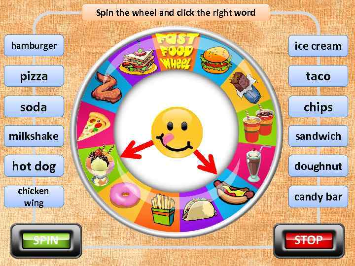 Spin the wheel and click the right word hamburger ice cream pizza taco soda