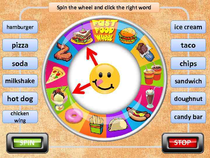 Spin the wheel and click the right word hamburger ice cream pizza taco soda