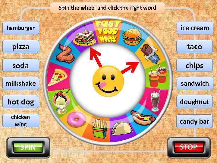 Spin the wheel and click the right word hamburger ice cream pizza taco soda