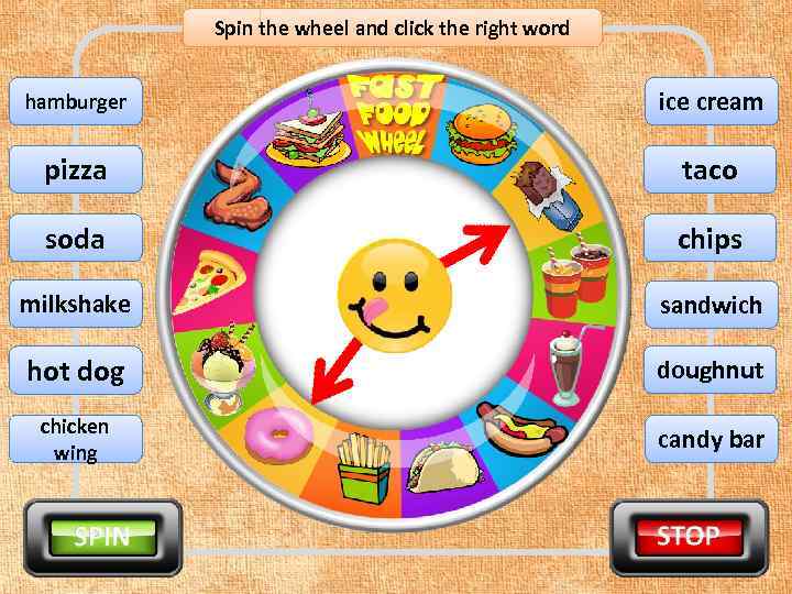 Spin the wheel and click the right word hamburger ice cream pizza taco soda