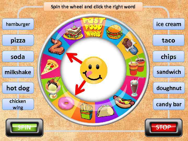 Spin the wheel and click the right word hamburger ice cream pizza taco soda