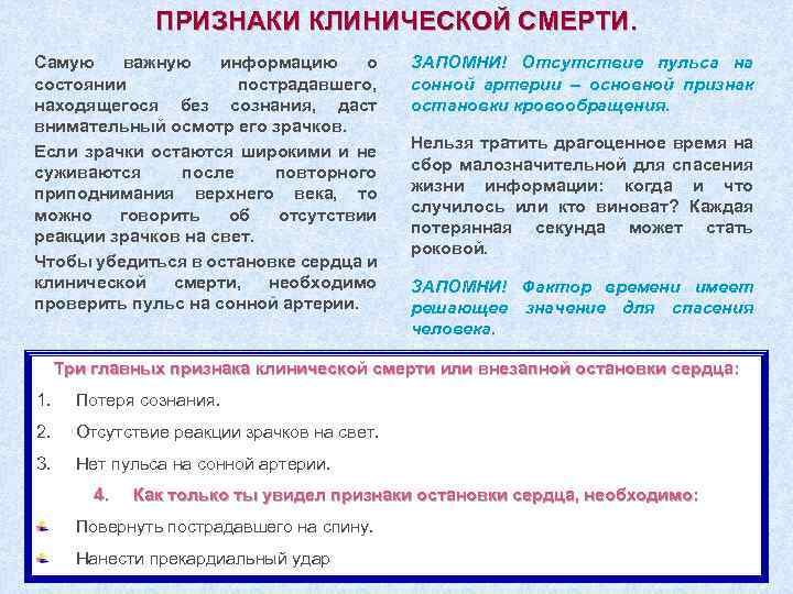 ПРИЗНАКИ КЛИНИЧЕСКОЙ СМЕРТИ. Самую важную информацию о состоянии пострадавшего, находящегося без сознания, даст внимательный