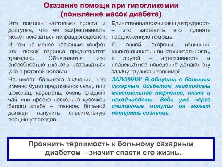 Оказание помощи при гипогликемии (появление масок диабета) Эта помощь настолько проста и доступна, что