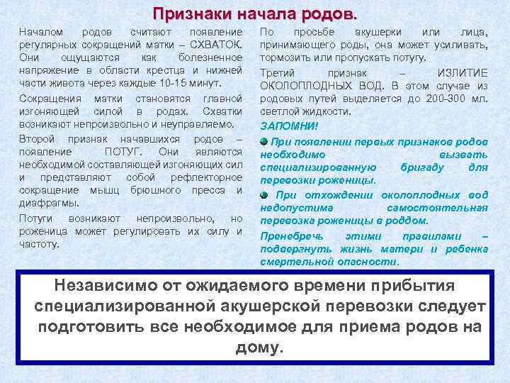 Признаки начала родов. Началом родов считают появление регулярных сокращений матки – СХВАТОК. Они ощущаются