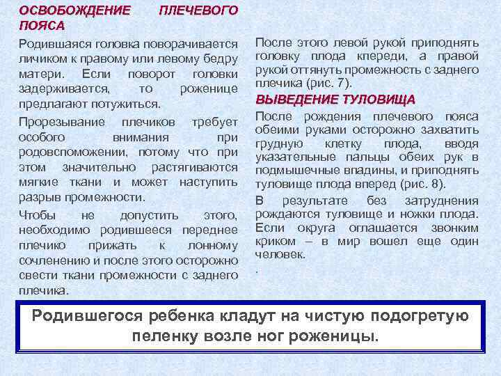 ОСВОБОЖДЕНИЕ ПЛЕЧЕВОГО ПОЯСА Родившаяся головка поворачивается личиком к правому или левому бедру матери. Если