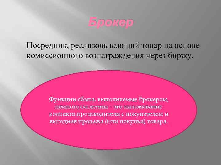 Брокер Посредник, реализовывающий товар на основе комиссионного вознаграждения через биржу. Функции сбыта, выполняемые брокером,