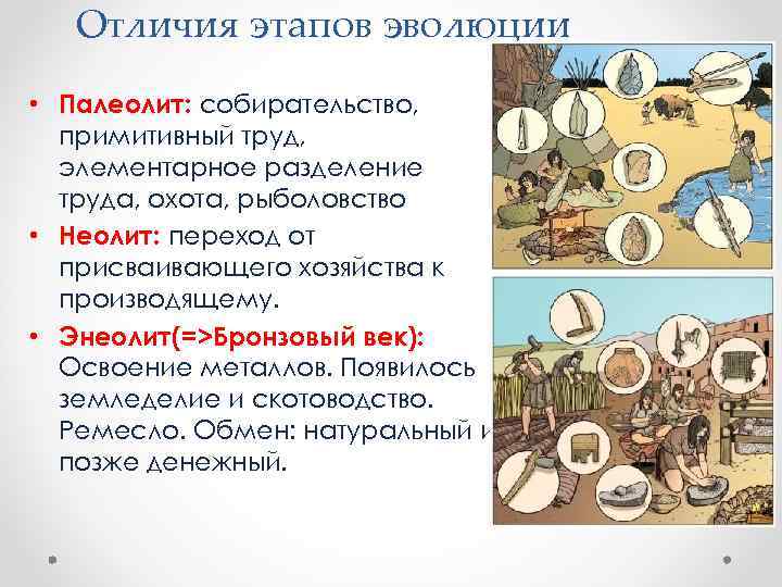 Отличия этапов эволюции • Палеолит: собирательство, примитивный труд, элементарное разделение труда, охота, рыболовство •