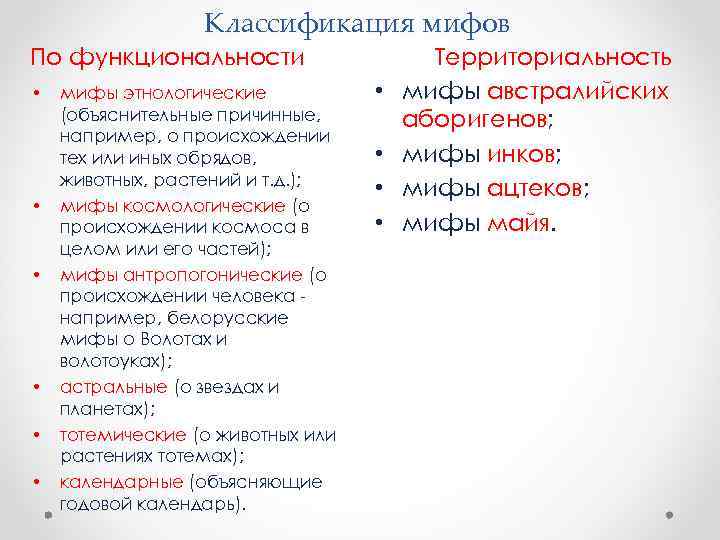 Классификация мифов По функциональности • • • мифы этнологические (объяснительные причинные, например, о происхождении