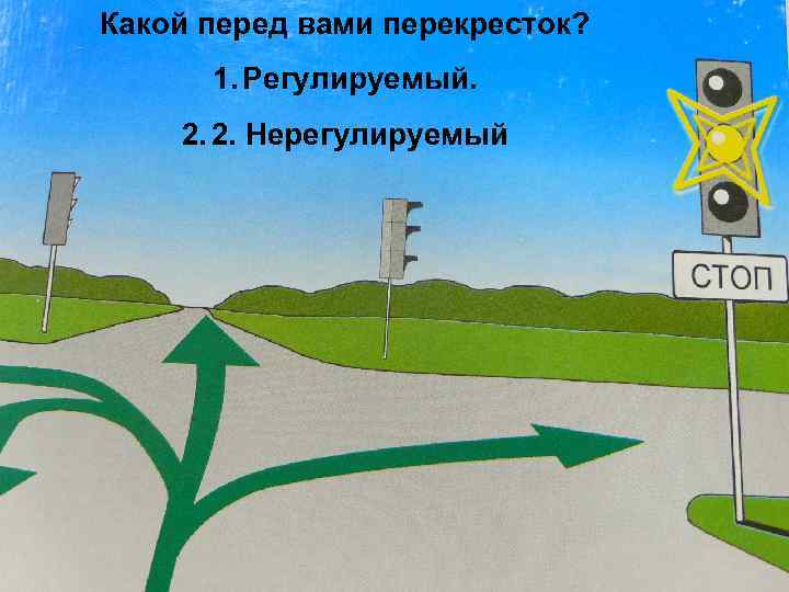 Какой перед вами перекресток? 1. Регулируемый. 2. 2. Нерегулируемый 