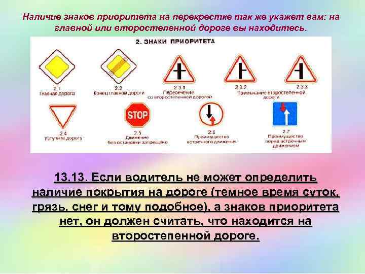 Наличие знаков приоритета на перекрестке так же укажет вам: на главной или второстепенной дороге