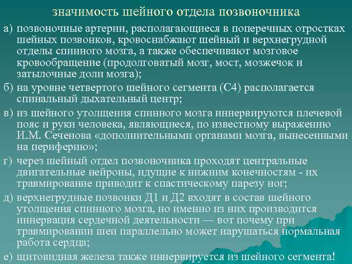 значимость шейного отдела позвоночника а) позвоночные артерии, располагающиеся в поперечных отростках шейных позвонков, кровоснабжают