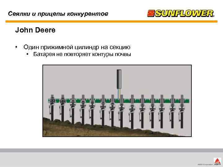 Сеялки и прицепы конкурентов John Deere • Один прижимной цилиндр на секцию • Батарея