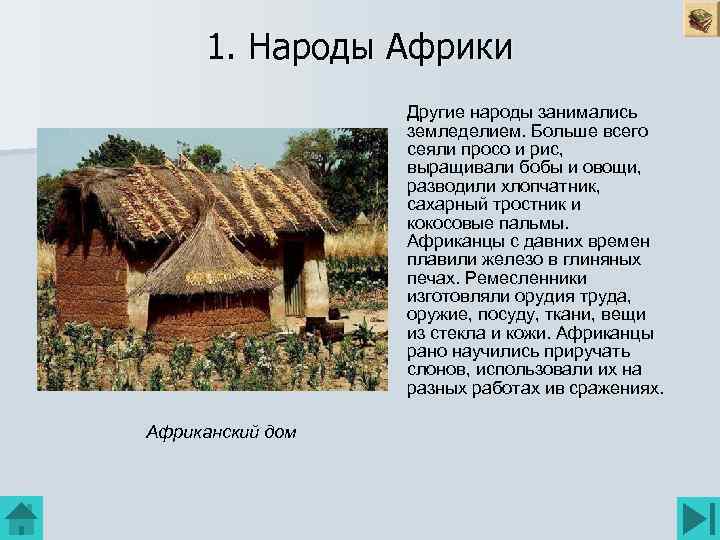 1. Народы Африки Другие народы занимались земледелием. Больше всего сеяли просо и рис, выращивали