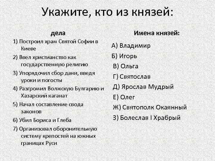 Укажите, кто из князей: дела 1) Построил храм Святой Софии в Киеве 2) Ввел