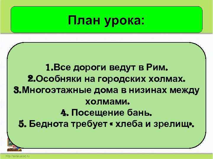 План урока: 1. Все дороги ведут в Рим. 2. Особняки на городских холмах. 3.