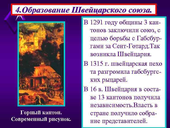 4. Образование Швейцарского союза. Горный кантон. Современный рисунок. В 1291 году общины 3 кантонов