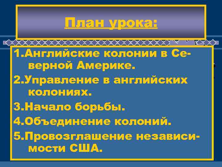 План урока: 1. Английские колонии в Ж Се. ДЕМ верной Америке. ВАС ! 2.