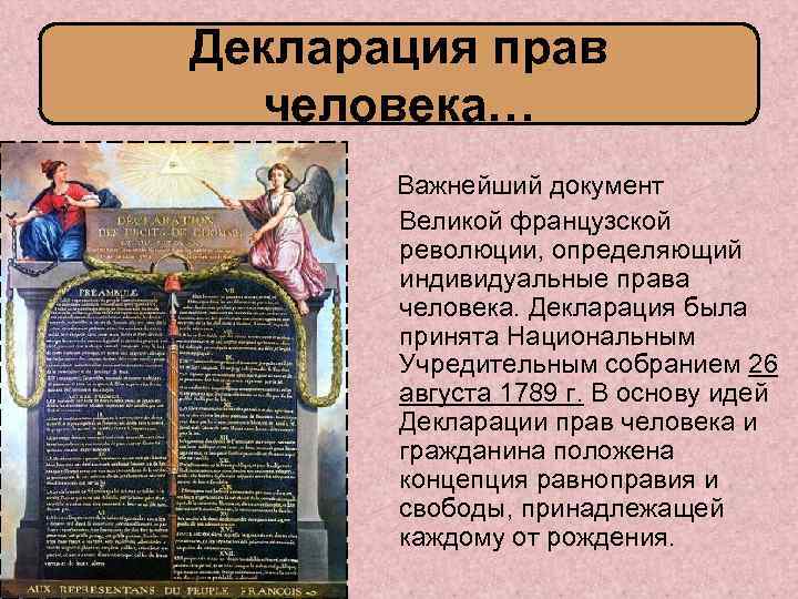 Декларация прав человека… Важнейший документ Великой французской революции, определяющий индивидуальные права человека. Декларация была