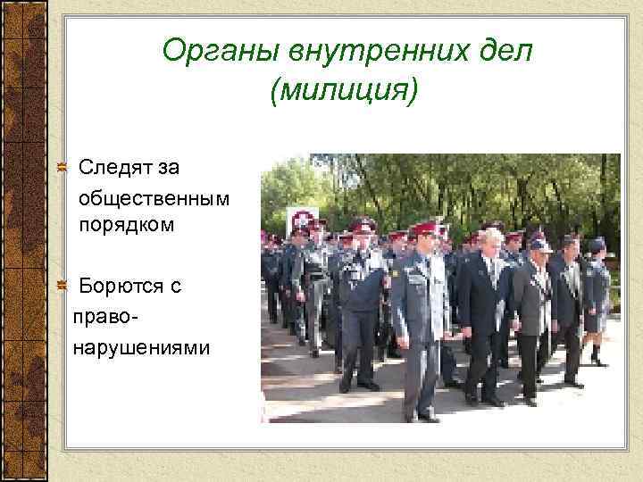 Органы внутренних дел (милиция) Следят за общественным порядком Борются с правонарушениями 