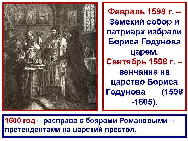 Февраль 1598 г. – Земский собор и патриарх избрали Бориса Годунова царем. Сентябрь 1598