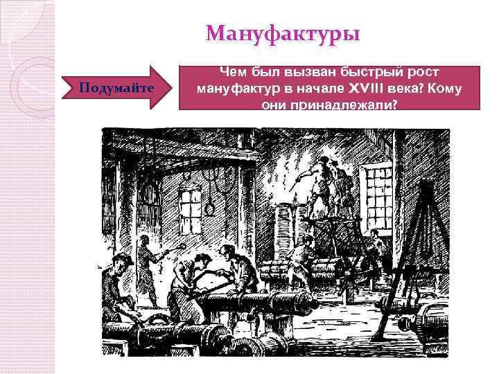 Мануфактуры Подумайте Чем был вызван быстрый рост мануфактур в начале XVIII века? Кому они