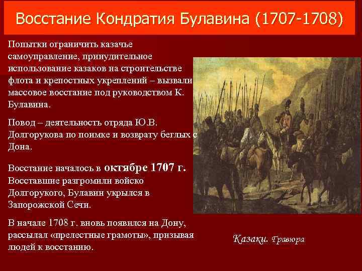 Восстание Кондратия Булавина (1707 -1708) Попытки ограничить казачье самоуправление, принудительное использование казаков на строительстве