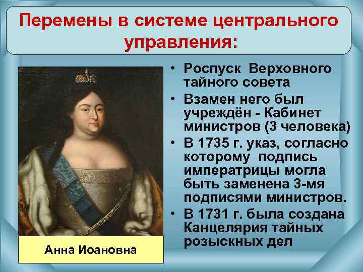 Перемены в системе центрального управления: Анна Иоановна • Роспуск Верховного тайного совета • Взамен