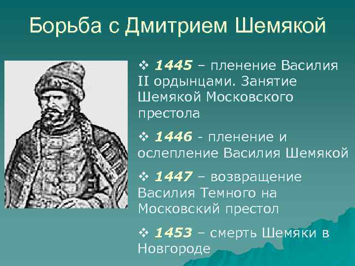 Борьба с Дмитрием Шемякой v 1445 – пленение Василия II ордынцами. Занятие Шемякой Московского