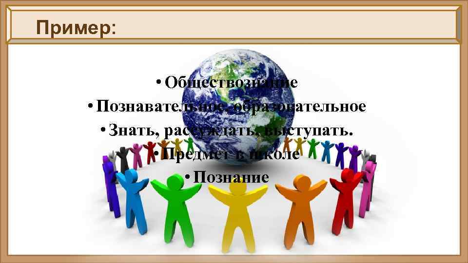Пример: • Обществознание • Познавательное, образовательное • Знать, рассуждать, выступать. • Предмет в школе