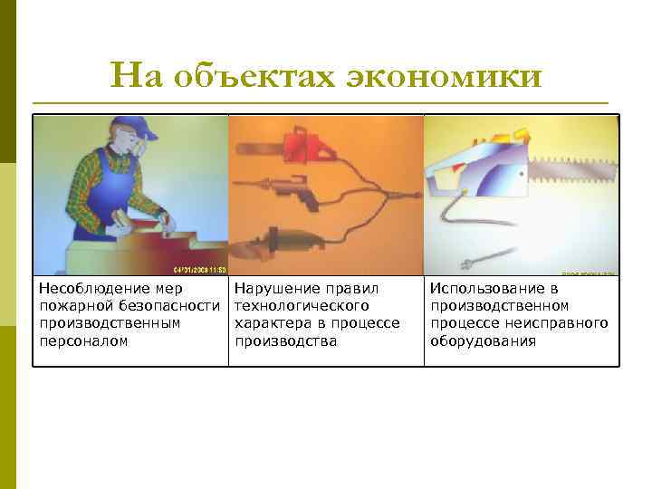 На объектах экономики Несоблюдение мер пожарной безопасности производственным персоналом Нарушение правил технологического характера в