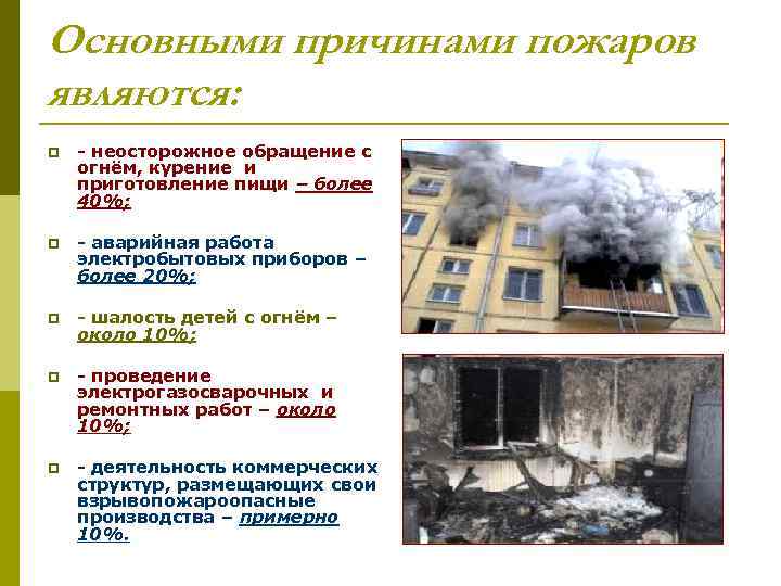 Основными причинами пожаров являются: p - неосторожное обращение с огнём, курение и приготовление пищи