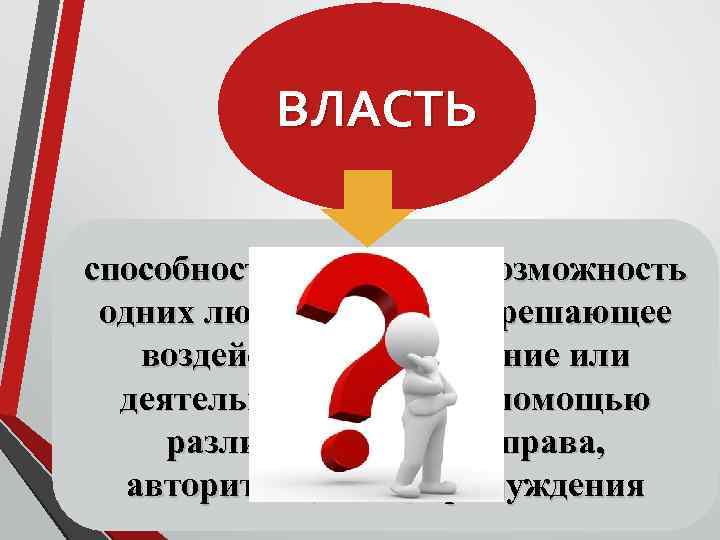 ВЛАСТЬ способность, право или возможность одних людей оказывать решающее воздействие на поведение или деятельность