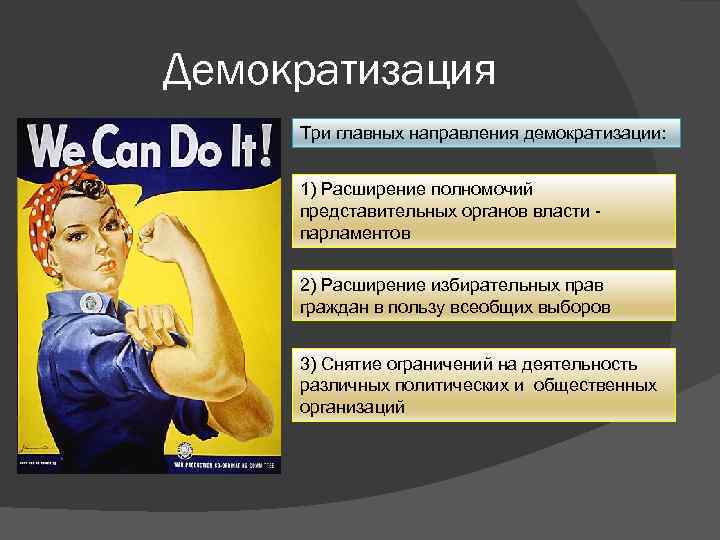 Демократизация Три главных направления демократизации: 1) Расширение полномочий представительных органов власти парламентов 2) Расширение