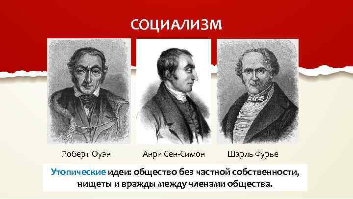 СОЦИАЛИЗМ Роберт Оуэн Анри Сен-Симон Шарль Фурье Утопические идеи: общество без частной собственности, нищеты